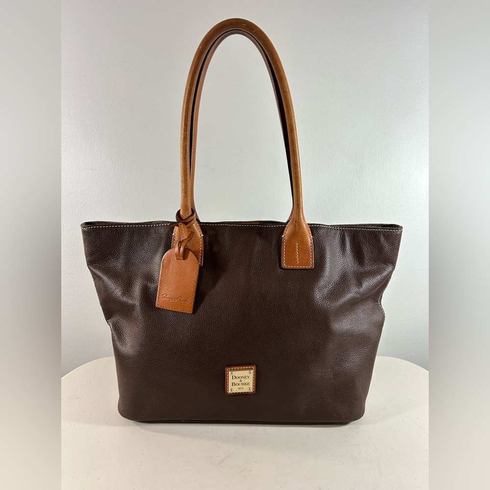 Dooney & Bourke Brown Leather Shoulder Tote with Tan Handles